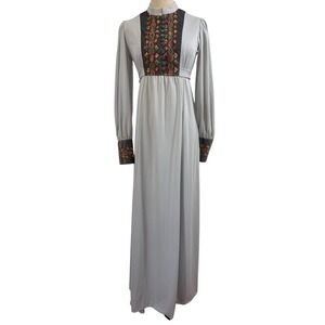 Vtg 70s Grey Maxi Dress Velvet Embroidered Bib Cuffs Sz M/L Boho Praire Cottage